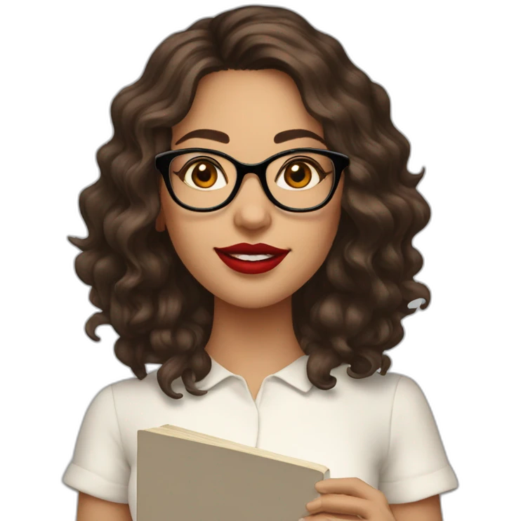 young-woman-with-glasses-and-red-lipstick-and-medium-length-wavy-brunette-hair-holding-a-book emoji