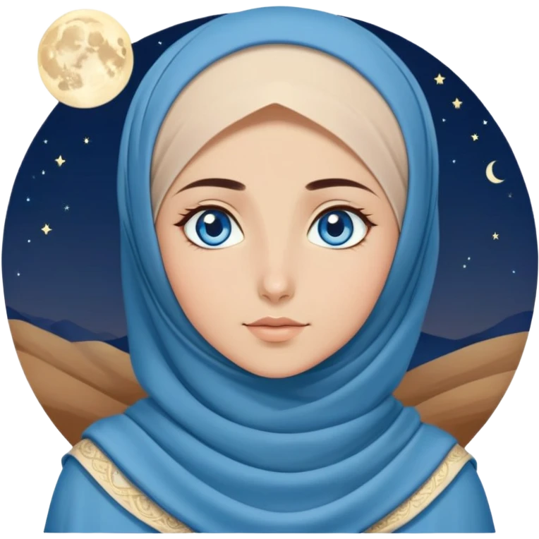 Turkish beautiful finish Konya girl blue eyes with moon hijab dress and watching the moonlight sky on the ground  emoji
