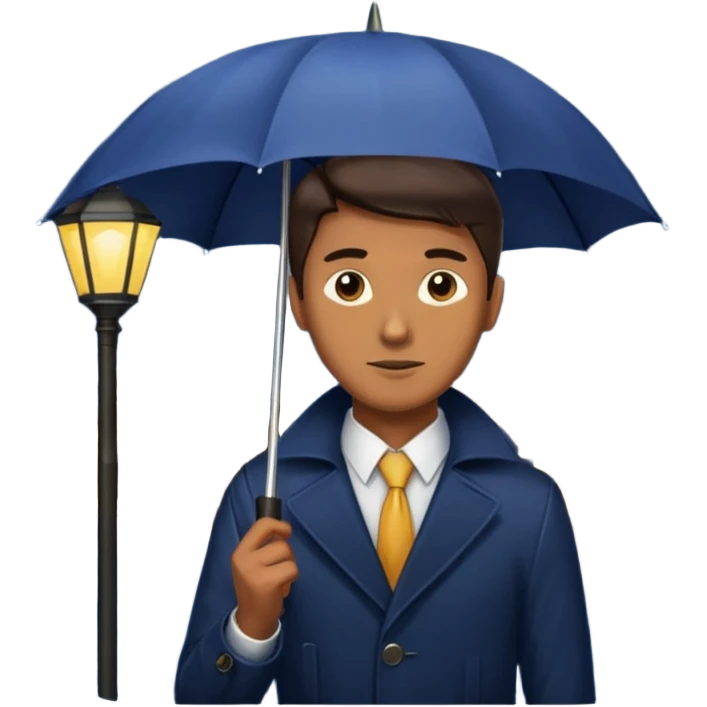 Man with umbrella + streetlight reflection, Midnight Wanderer. emoji