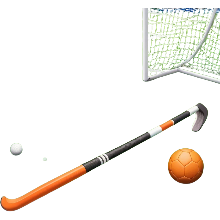 A field hockey stick and ball on a vibrant green grass field, with goalposts and clear field markings in the background. The scene emphasizes the bright, lush grass, highlighting the fast-paced and strategic nature of hockey on a well-maintained pitch. emoji
