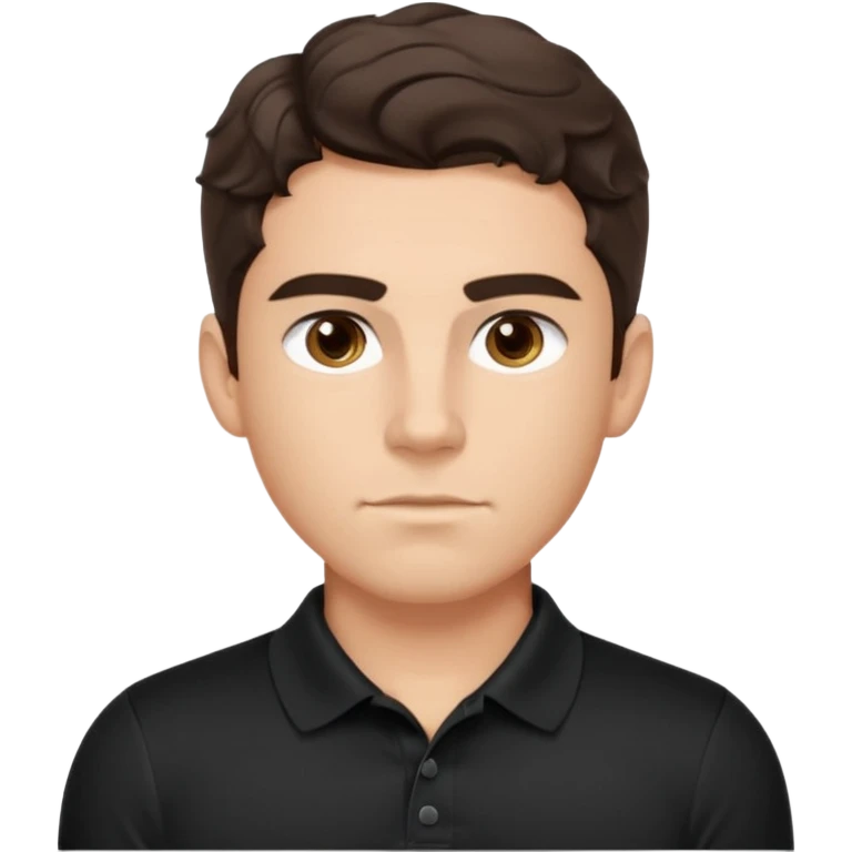 He’s a man with light to medium skin, a defined oval face, full brows, deep-set eyes, and wavy short dark brown tall hair styled with height, sides are trimmed. muscular. expression calm and focused relaxed black polo shirt. polished, articulate, and coach vibe. tall hair.  emoji
