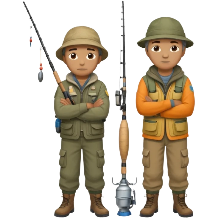 Father and son in fishing gear, arms crossed because they are cold full body emoji