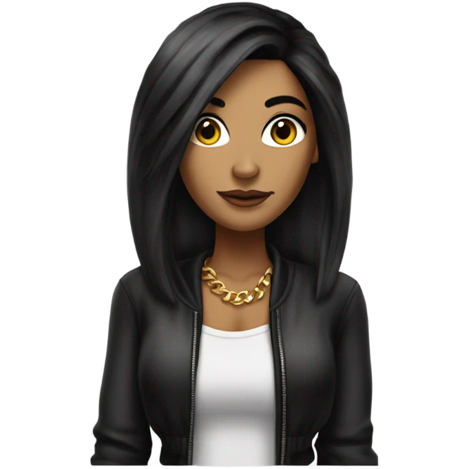 Tanned woman with long black hair dressed in 90s hip hop hair, makeup, and attire emoji