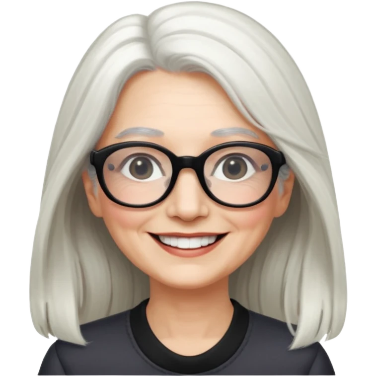 femme 60ans  avec de long cheveux blanc et des lunettes rectangles noir sourrir emoji