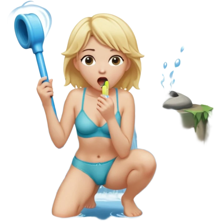 blond woman kneeling wearing underwear with surprised expression, a wide cartoonish stick with a D-shaped knob with playful exaggerated features coming out of a pair of pants hanging in front of her face, water stream squirting from the flat side of the knob into her open mouth emoji