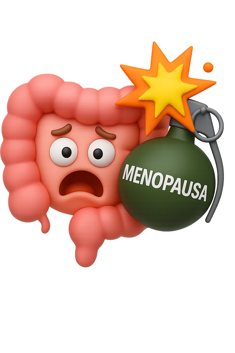 EMOJI STILE IPHONE 3D DI INTESTINO 3D CON ESPRESSIONE SPAVENTATA IN VOLTO MENTRE ACCANTO A LUI SCOPPIA UNA GRANATA 3D CON LA SCRITTA "MENOPAUSA" SOPRA, FAGLI ANCHE LA PARTE BIANCA DEGLI OCCHI, NON SOLO LA PUPILLA emoji