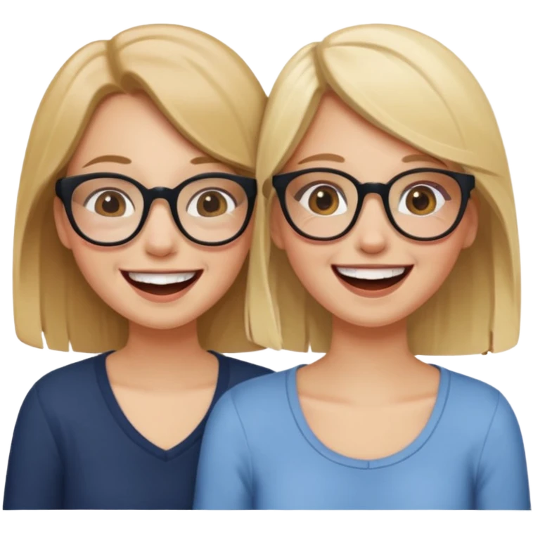 two girls laughing and having fun. one is blonde without glasses, another one is brown haired with glasses. they are supportive and cute emoji