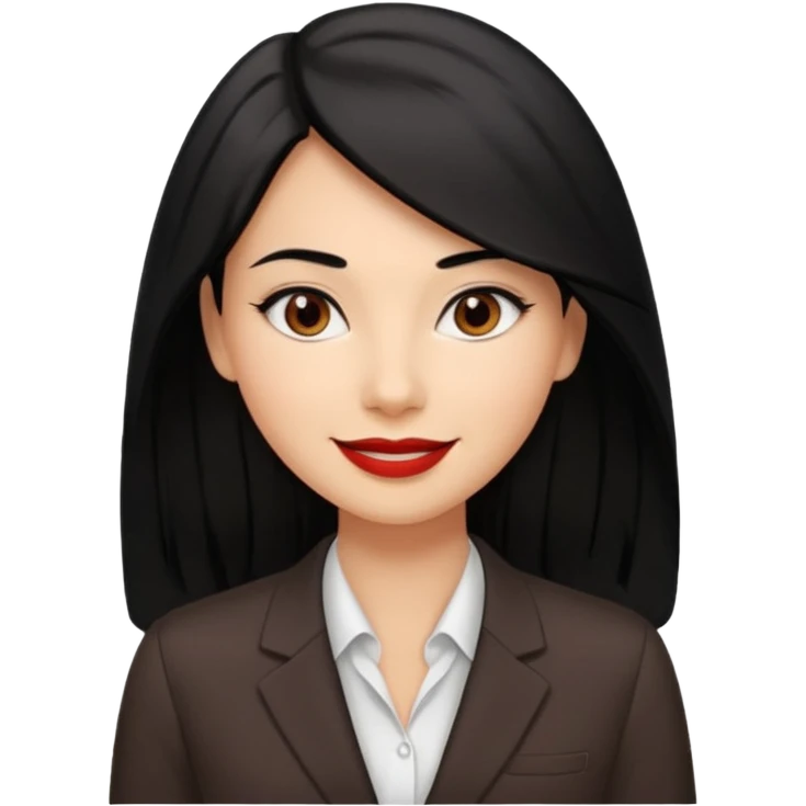 a woman with office outfits and smile, her hair is long black hair, her eyes are soft brown color and the color of her lip is soft red emoji