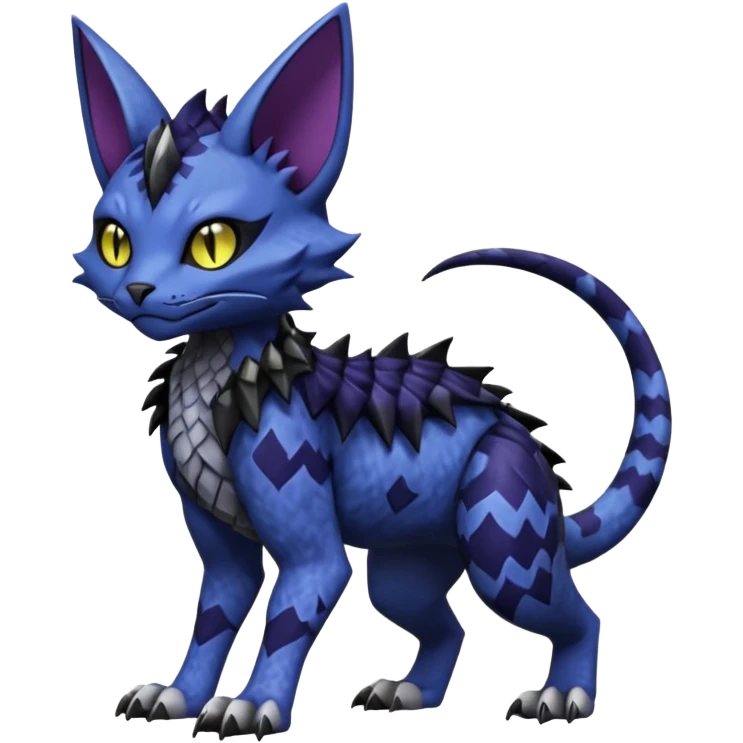 midnight blue-gray-black, scaley scaly batty feline-like quadrupedal digitigrade furry feral Bastet-Noibat-Gatomon-Garchomp-Digimon-Fakémon-Pokémon-creature (full body) emoji