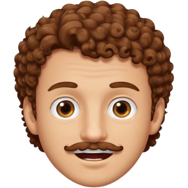 a cute white man with brown curly hair up top brown eyes a brown mustache and a tooth gap  emoji