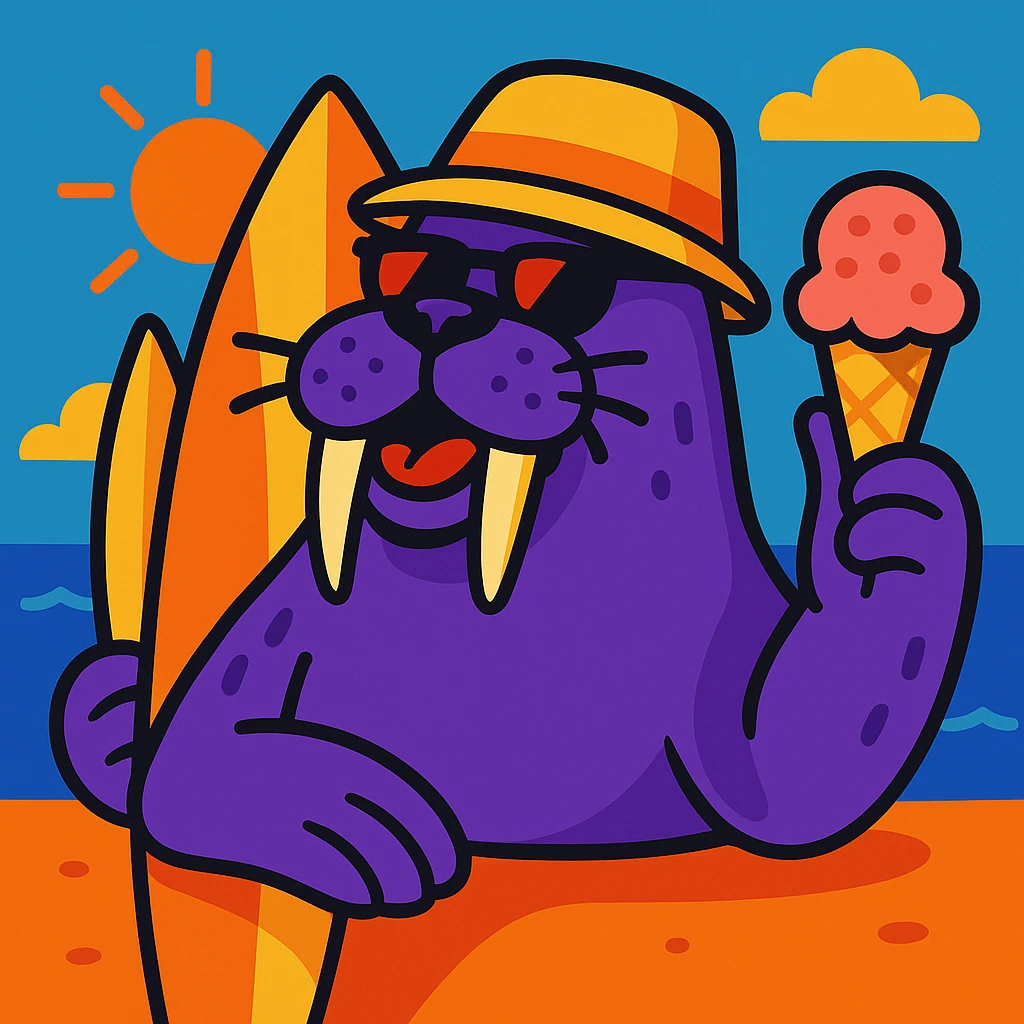 Add a surfboard to the purple walrus enjoying summer and holding an ice cream, keep the fun illustration style. emoji