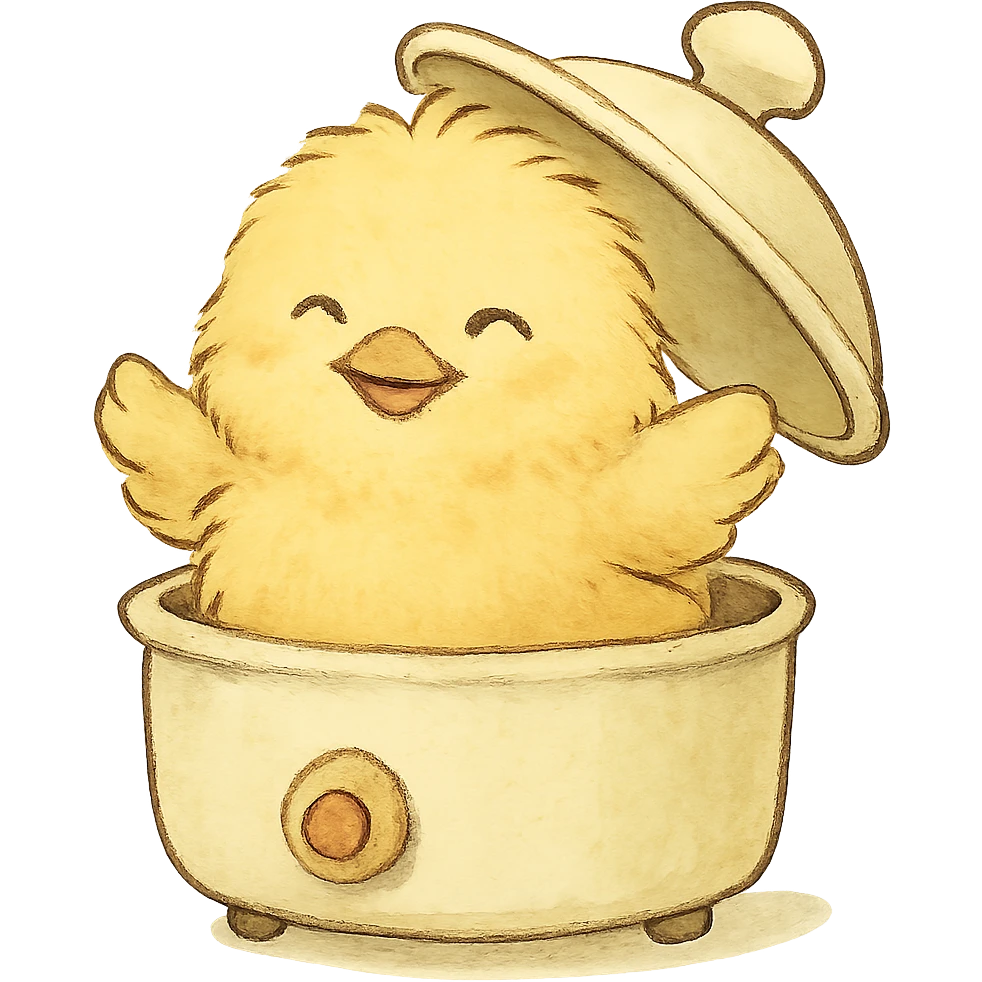 ghibli style chibi chick fluffy soft emerging from egg cooker lid smiling soft yellow palette full-body emoji