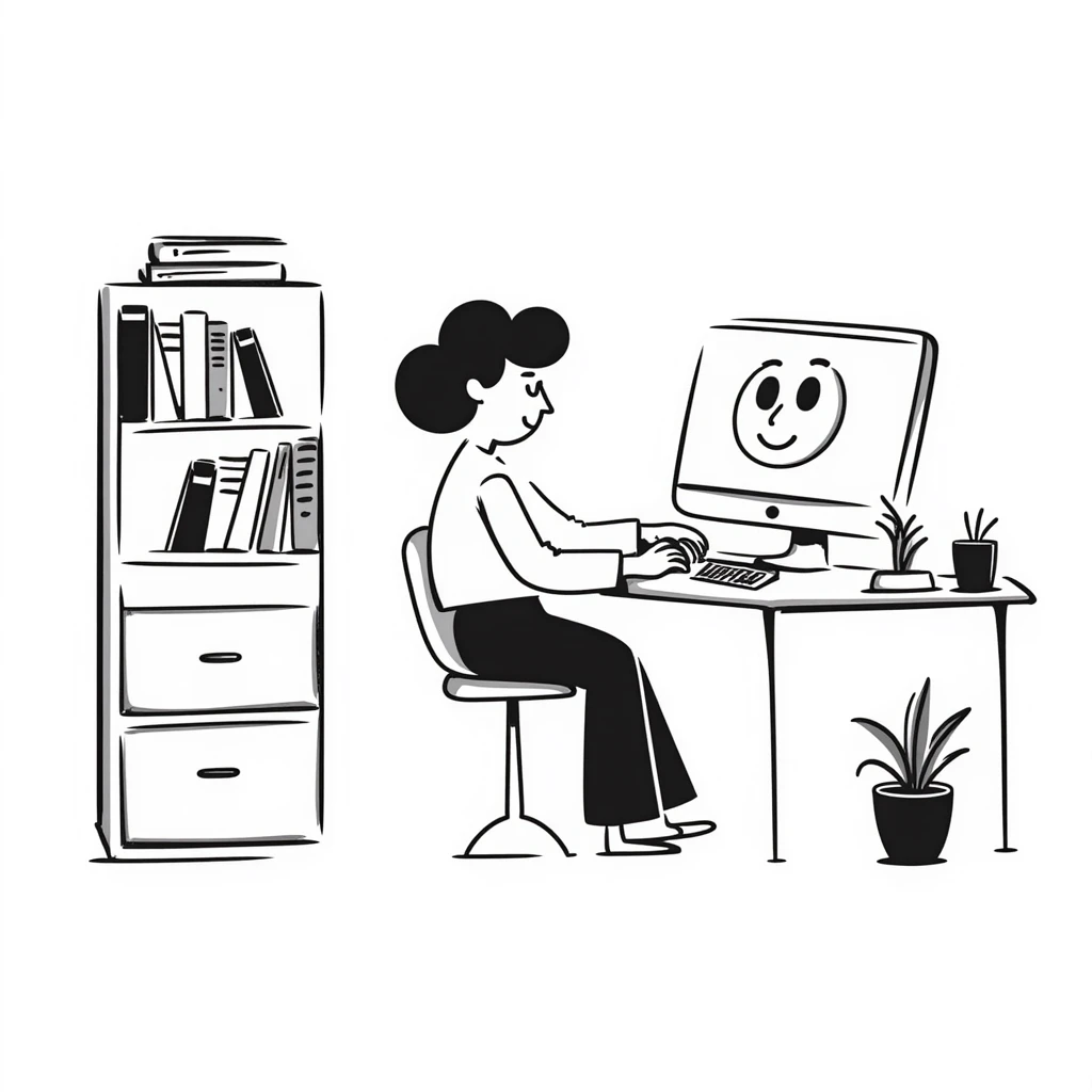 Home office with desk, computer and bookshelf emoji