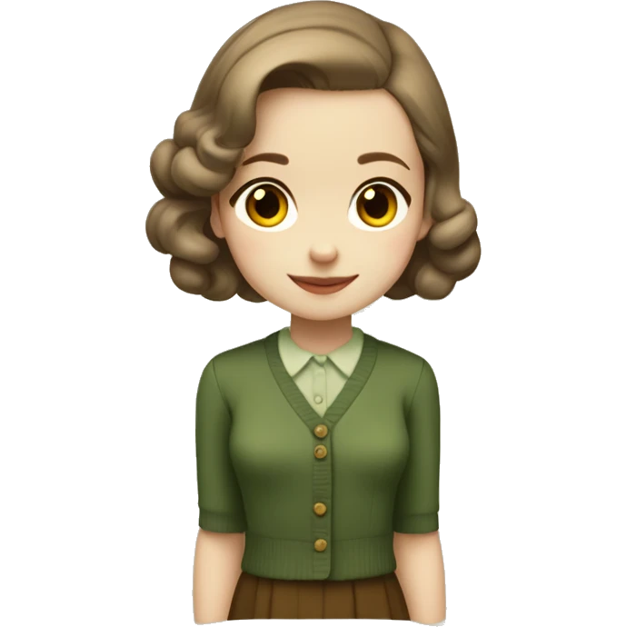 Very young girl with pale skin, straight, warm brown, short hair in a bob style, a brown 1940s dress with an earthy green cardigan emoji