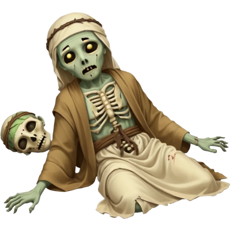 fullbody zombie leper laying on the ground, torn head wrap, exposed bones, simple Jesus-era robes emoji