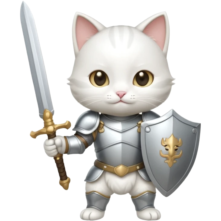 baby chibi white cat in silver armor, full body, smile, hold sword emoji