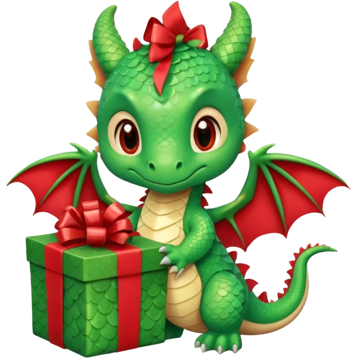 a cute baby dragon is holding a carton gift with red ribbon emoji