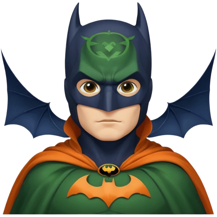 generate a batman emoji with just the face and neck showing and part of the cloak and and wings. Shade the bat logo on the chest in a medium green with a slight olive touch. Shade the mask in dark navy blue. Shade the cloak in a solid vibrant orange.

 emoji