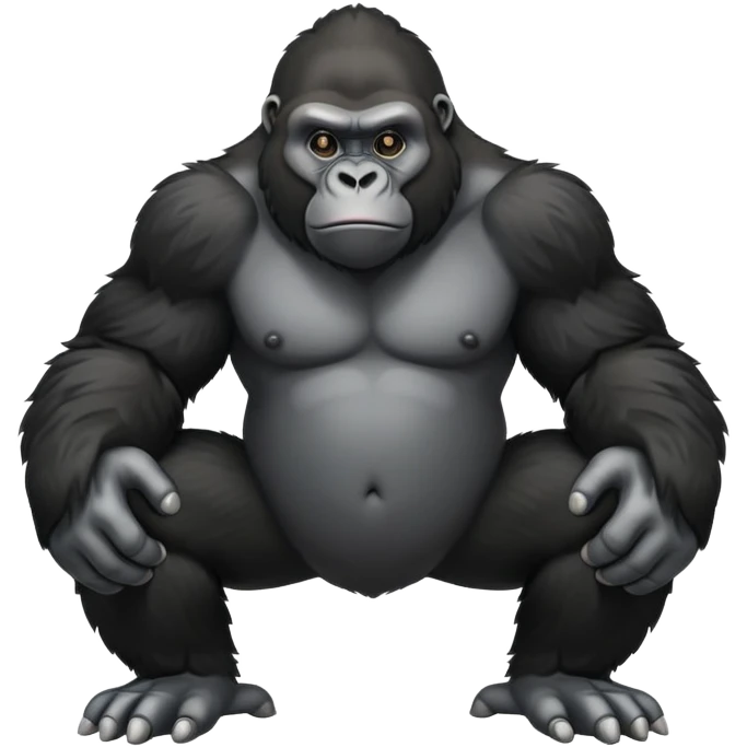 cinematic-friendly relaxed gorilla-realistic-full-body-crouched on all fours on knuckles-emoji,-poised-with-confidence,-massive-arms-hanging-slightly-forward,-head-tilted-thoughtfully,-thick-black-fur,-deep-dark-eyes-full-of-intelligence,-simplified-yet-realistic emoji