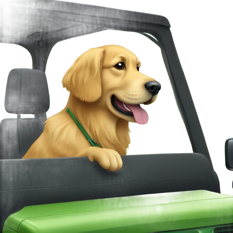 Golden retriever driving a green jeep full emoji