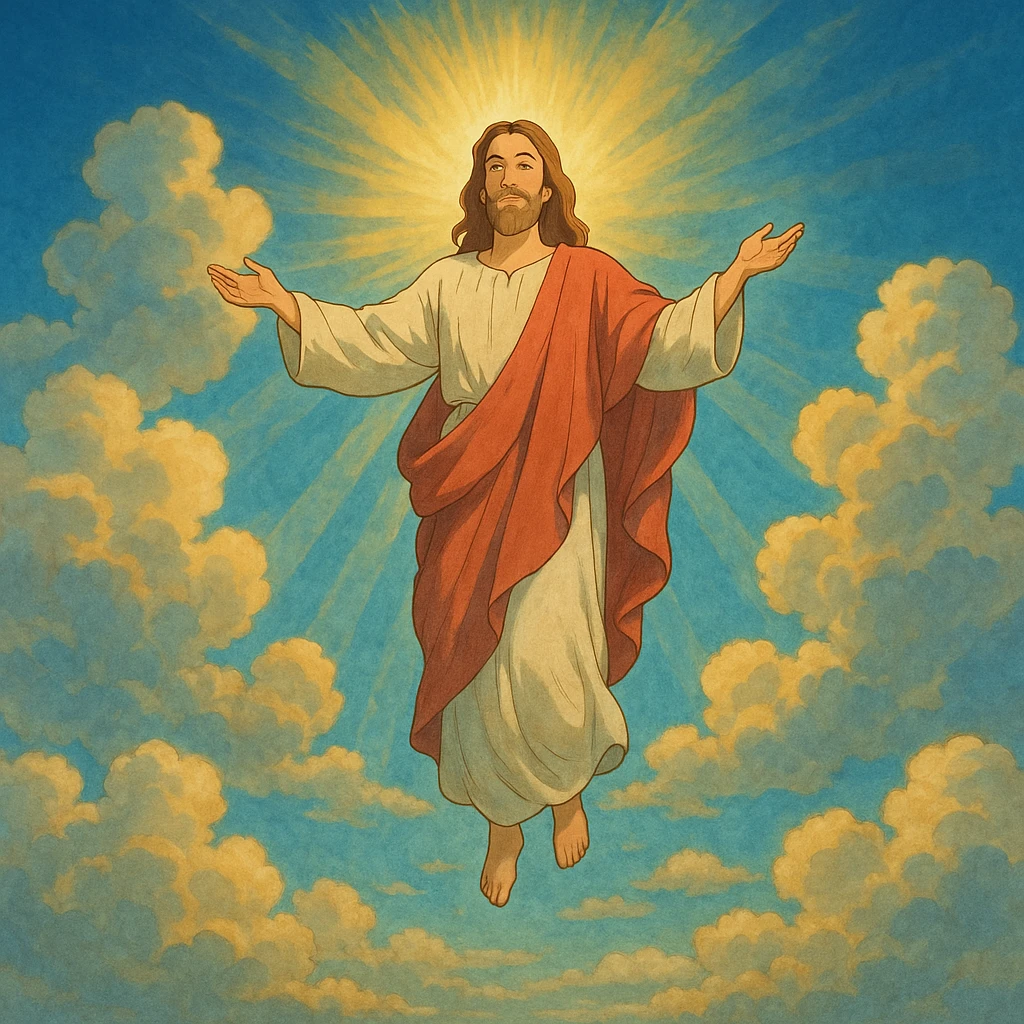 Ascension Day, Jesus ascending into the sky with clouds and rays of light, peaceful and uplifting, ghibli style emoji