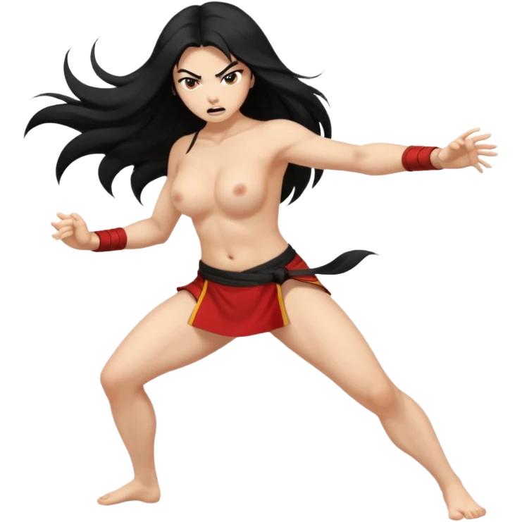 long black hair ((naked ))female big big boobs full body barefoot  ((black Thick pubic hair )) anger kung fu kicking No clothes emoji