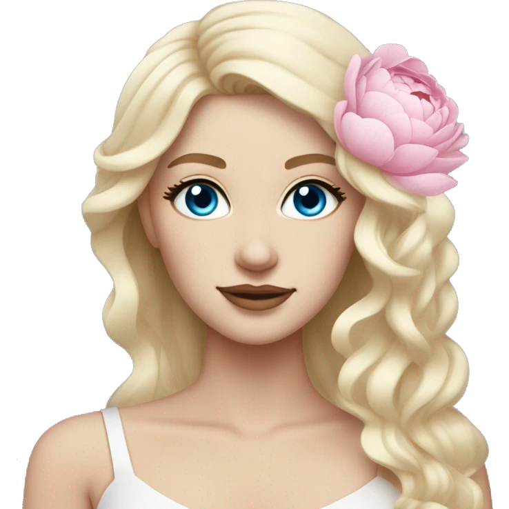 White bride with long light blonde hair and blue eyes with light pink peonies in hair white skin  emoji