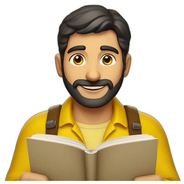 Armenian men with the yellow clothes reading book and looking at camera and smiling  emoji