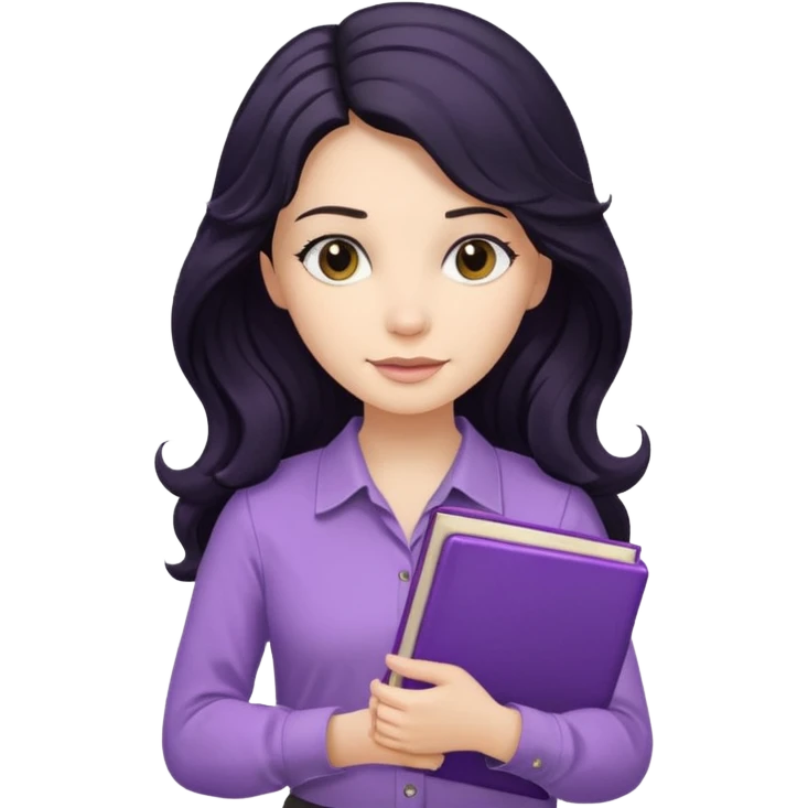 Long Hair Women with purple Book, Black wavy hair, beige shir, without background emoji