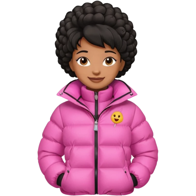 A brown skin  skinned girl that’s has puffy black hair with her hair up in a puffy hairstyle and skinny and wears a pink puffer coat emoji