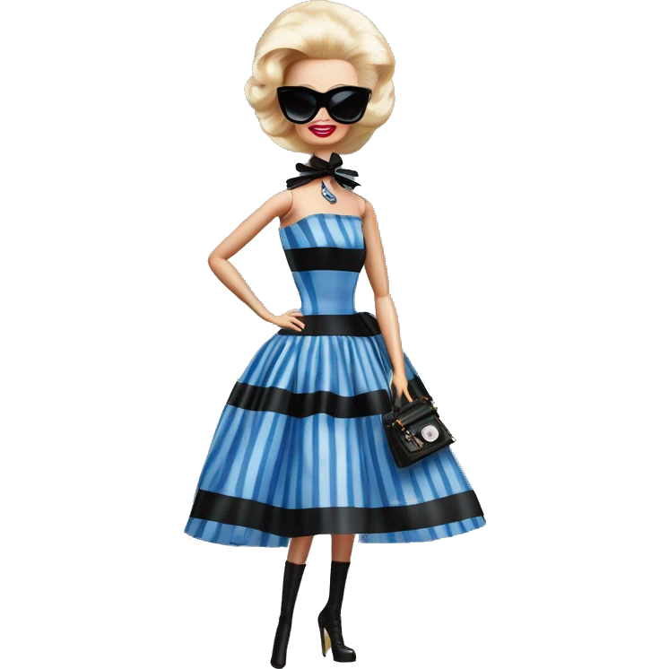 Blonde Silkstone Marie Antoinette Barbie enid sinclair from academy in a blue and black vertically-striped classic dress. riding hot rod bikes with crows emoji