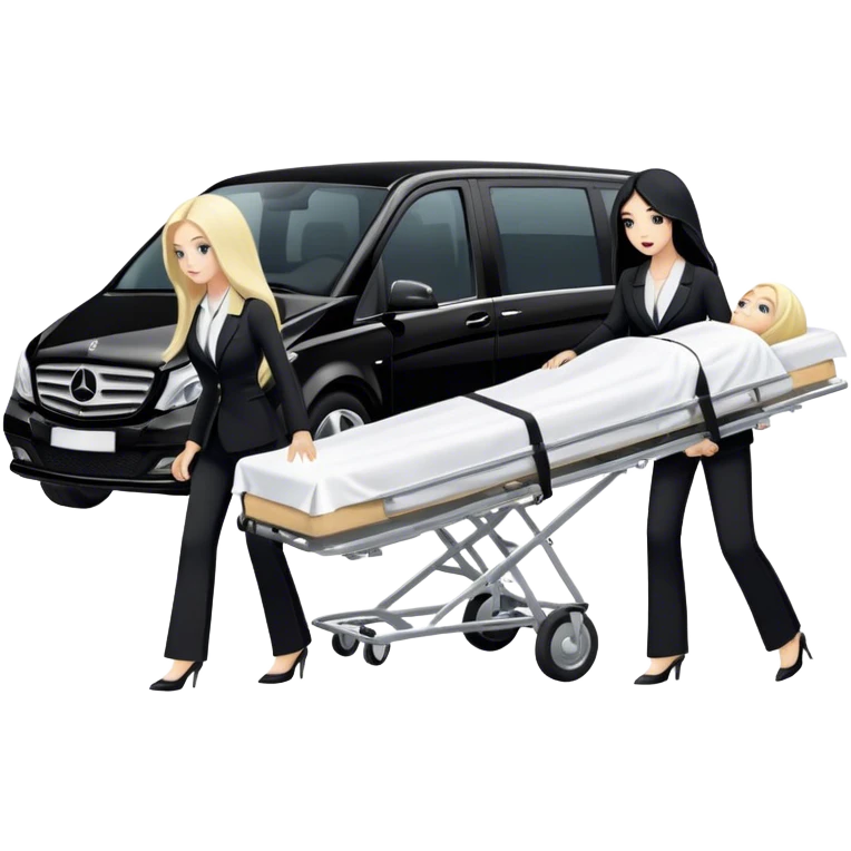 Two woman with long hair. One has black hair and one is blond. They have black pants suits on. And they are pushing a funeral stretcher in to a black Mercedes Vito funeral car. On the stretcher is a body covered in white sheets emoji
