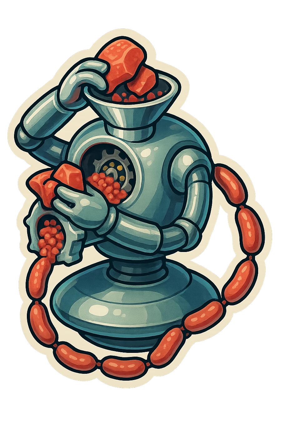 hovering robot. stuffs material into large hole on its top with 2 arms. no head. hole is where a head would be. spinning gears and blades in hole grind red chunks. sausage links come our of hole on backside.  3/4 view. between realism and cartoon. well lit. no dramatic lighting. metallic shiny robot. works diligently. dark humor emoji