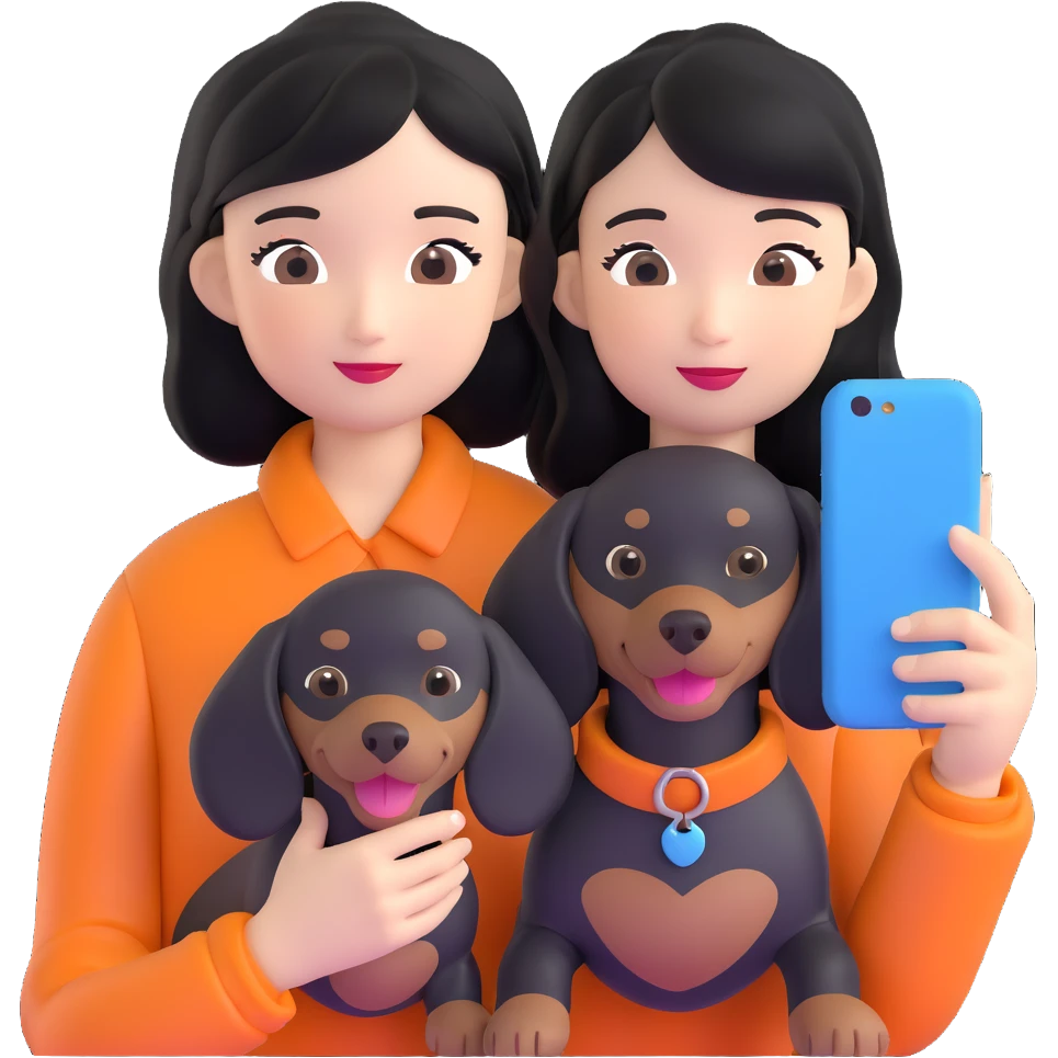 black hair asian girl taking selfie with black dachshund emoji