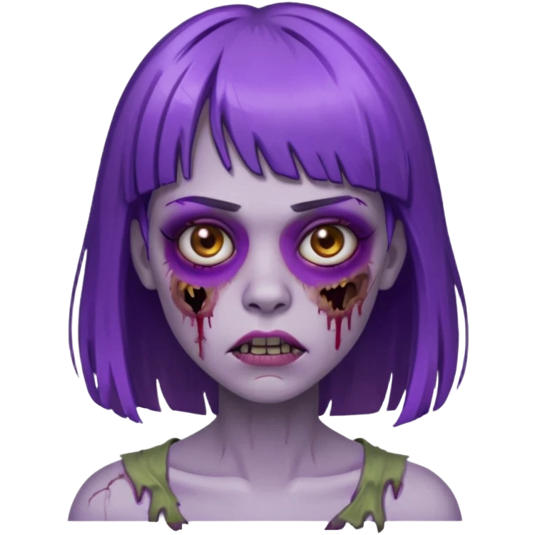 Zombie girl, with bangs above her eyebrows, purple highlights in her dark blonde hair, thin eyebrows. emoji