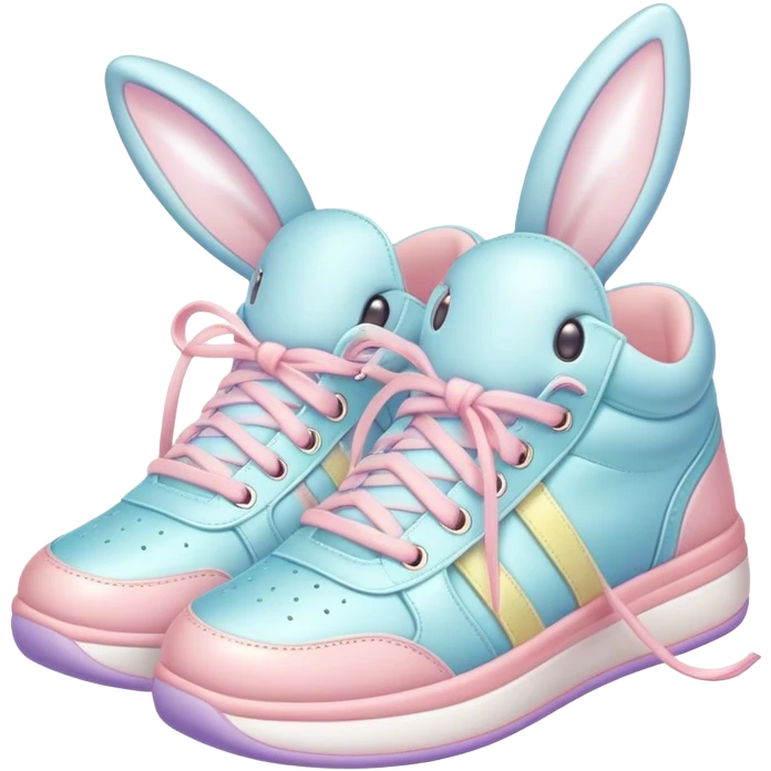 Cute Kawaii Shoe, small and bouncy, soft pastel sneakers with glowing highlights, cute sparkling eyes, a happy cheerful expression, laces tied like bunny ears! emoji