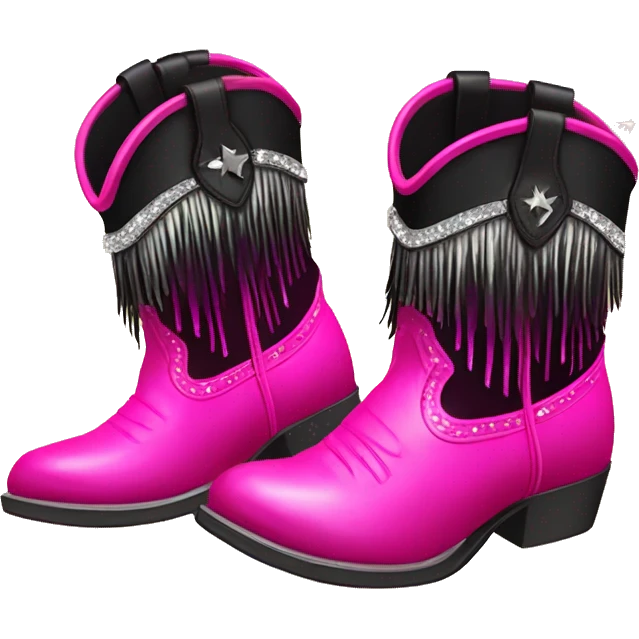 Realistic hot pink to black ombre pair of fashion cowgirl boots with sparkly shiny glitter fringe on them. emoji