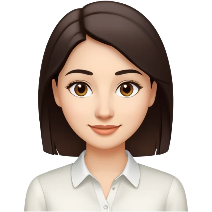 Young woman in her 30s with light skin, oval face, soft features, large dark brown eyes, medium eyebrows, small nose, friendly smile, long straight dark brown hair, wearing a white elegant blouse emoji