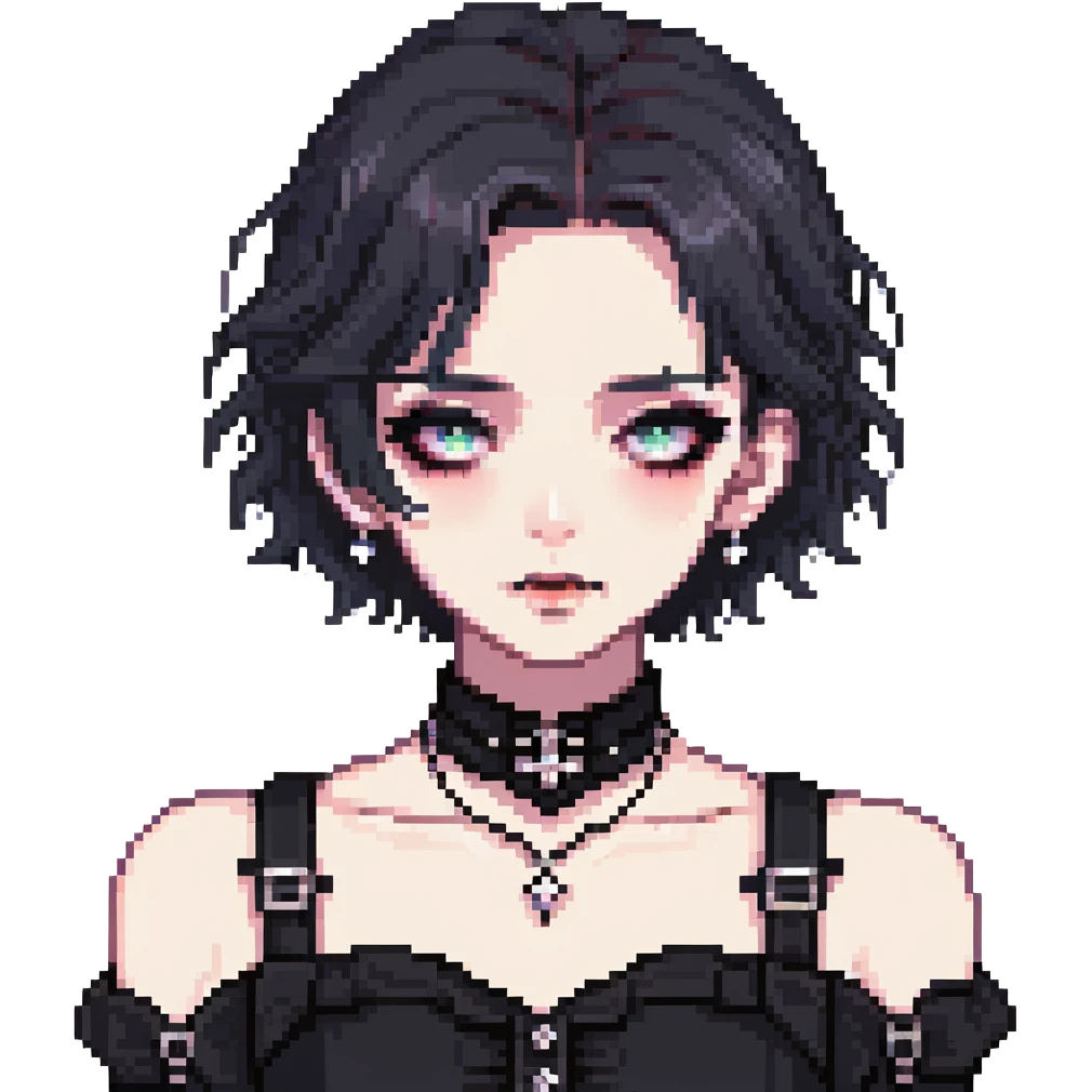 gothic femboy with wide shoulders, small chest, dark clothes and makeup emoji