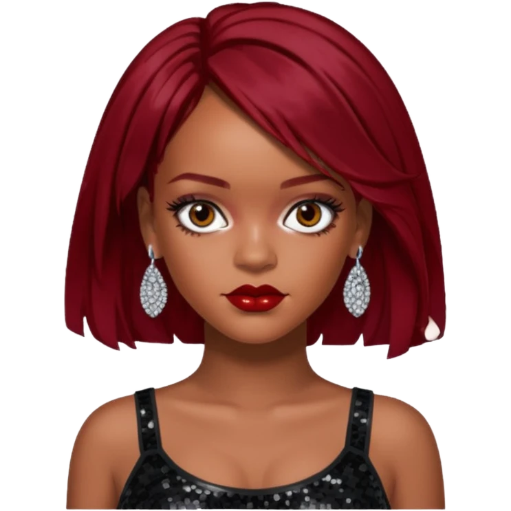 Rihanna with dark red hair, black sequin crop top, hazel eye emoji
