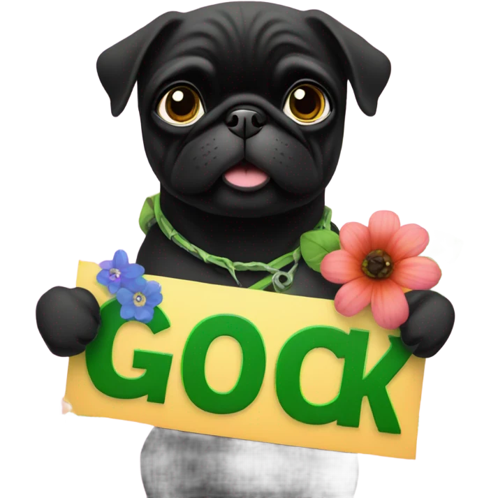 Black pug , surrounded by flowers, holding a green sign that says “good luck”  emoji