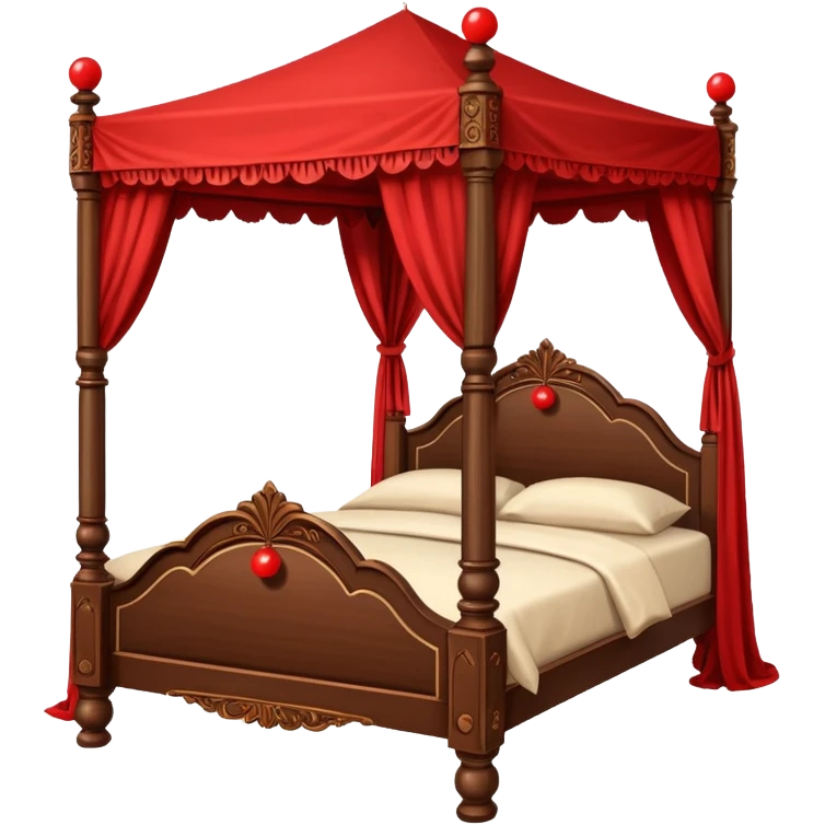 Wooden four poster bed with canopy handing small red balls on edge  emoji