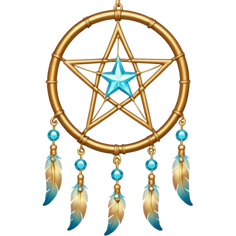 Star-shaped golden bright divine shimmering shiny sparkly glittery glowing glossy dreamcatcher with cyan beads emoji