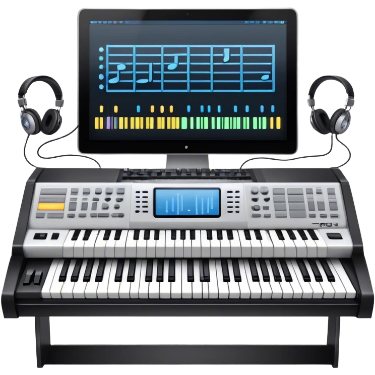 Create a professional and artistic emoji that represents writing music tracks. The design should feature a large monitor displaying musical notes or a score, positioned in front of a professional Korg synthesizer. Add elements like studio headphones, a MIDI keyboard, and an audio interface to symbolize the tools used in music production. Use sleek, modern colors like silver, black, and neon accents to convey the professional environment of music composition. The background should be transparent. emoji