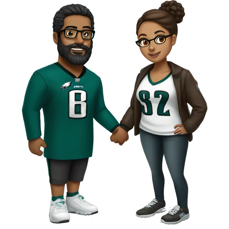 Brown guy with beard mustache and brown girl with glasses and her hair in a bun in Philadelphia eagles clothes holding hands emoji