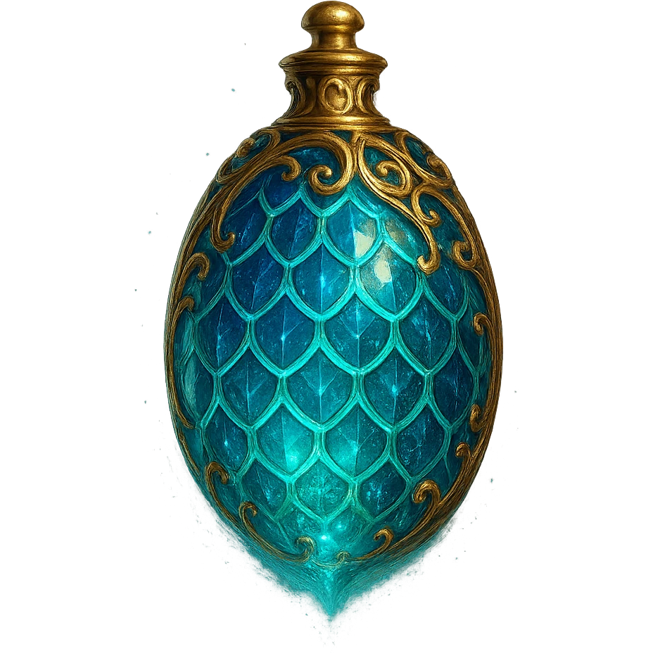 very luxurious crystal oval-shaped elixir bottle inspired by a dragon egg, with magical scale pattern, lots of glowing, edges, ornaments, golden details, magical effects, very small golden neck, transparent background, beautiful merging bottom, clearly floating in the air, no base or shadow, premium class, magical, fitting a collection emoji