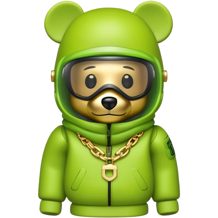 bearbrick wearing lime balaclava with graffiti logos where eye area is replaced by one continuous shield visor lens that's part of the mask, not separate eyewear, puffy coat with fur trim, gold chains emoji