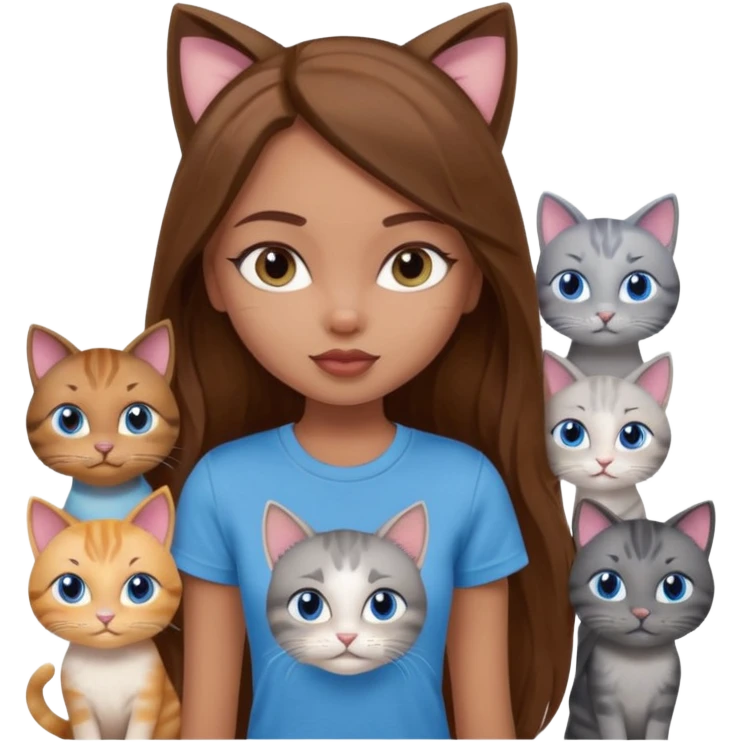 a pretty bratz dusky light skin girl with long brown hair, blue eyes with six cats nd wearing a grey tshirt emoji