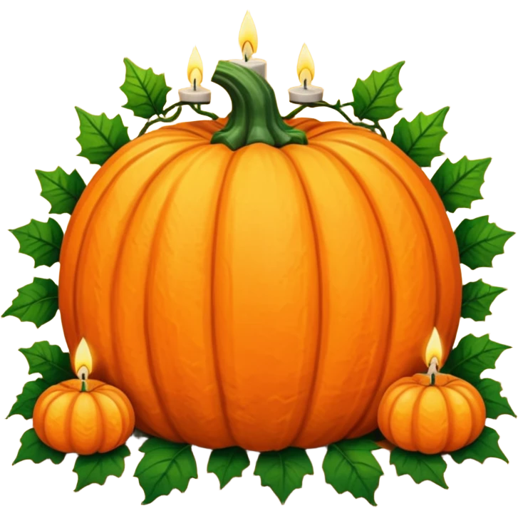 Huge big pumpkin, vines, leaves, candles, autumn vibes aesthetics  emoji