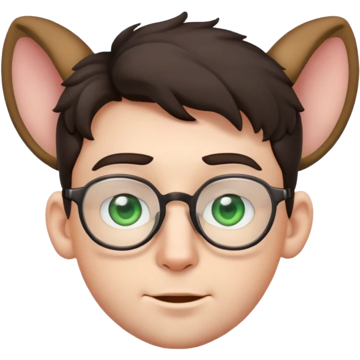 young male emoji with youthful face, poofier slightly curly dark hair, big ears, pale skin, glasses, green eyes set wider apart, very light stubble emoji